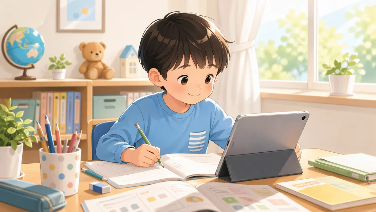 小学生が自宅でタブレットや教材を使って勉強している明るいイラスト