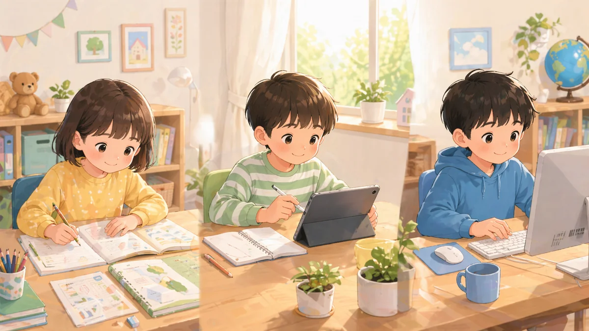 紙教材・タブレット・パソコン学習の3種類の学習スタイルを並べたイラスト