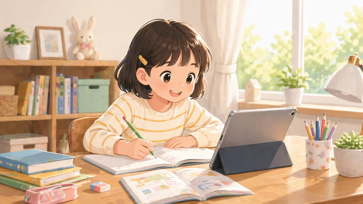 小学生が紙教材とタブレットの両方を使って楽しく勉強しているイラスト