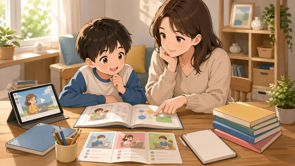 親子が教材を比較しながら選んでいるイラスト