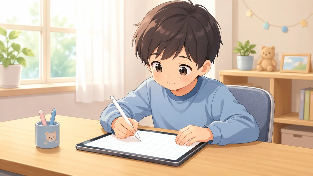 子どもが専用タブレット風の端末で集中して学習しているイラスト