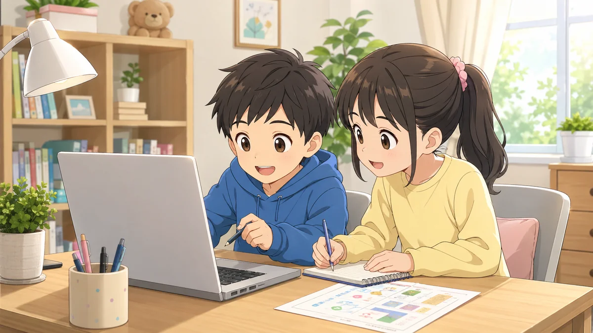 兄弟姉妹が並んで家庭学習しているイラスト